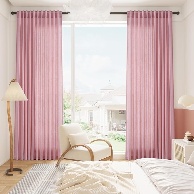 Rose Linen Curtains 84 Inch Long 2 Panel Set with Back Tab Rod Pocket Light Filtering Privacy Semi Sheer Textured for Neutral Farmhouse Style Bedroom and Living Room 52x84