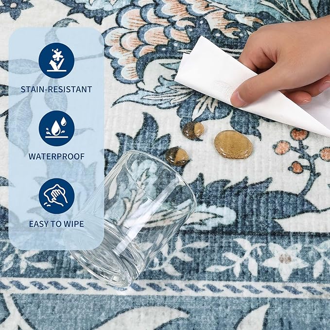 GarveeHome Provence 8x10 Area Rugs for Living Room, Botanical Grove Retro Blue Cottagecore Washable Rug for Bedroom Dining Nursery Low-Pile Vintage Large Carpet