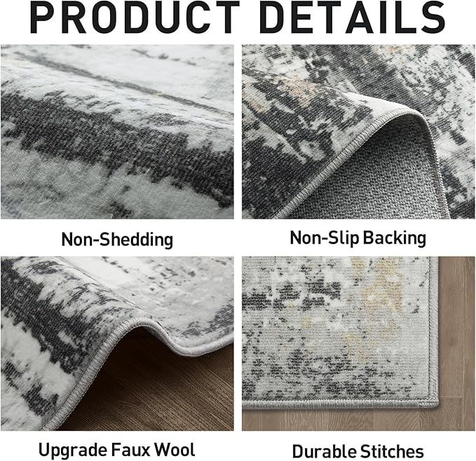 5x7 Area Rugs Washable Rug: Modern Abstract Living Room Rug Soft Anti-Skid Thin Carpet Indoor Floor Non-Shedding Carpets for Bedroom Dining Room Farmhouse Nursery Home Office Black Grey Gold