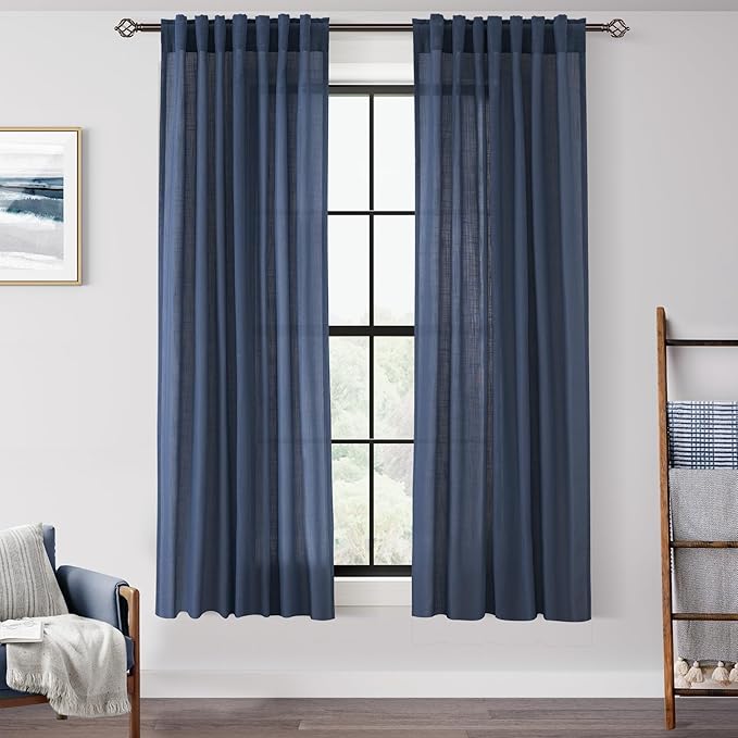 Navy Blue Curtains 63 inch Length for Bedroom Back Tab Light Filtering Semi Sheer Blue Living Room Curtains Linen Cotton Textured Indigo Blue Drapery Panel Modern Farmhouse Aesthetic Decor Dark Blue