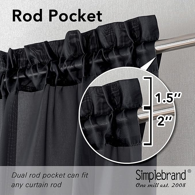 Simplebrand Black Sheer Kitchen Cafe Curtains - 36X36 Inch, 2 Paneled Tier Curtain Rod Pocket Sheers for Bathrooms, Small Windows