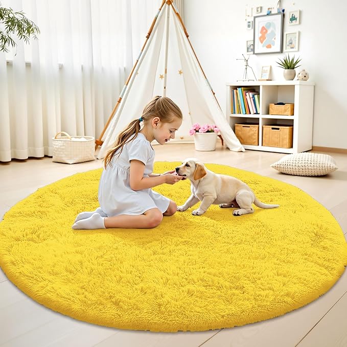 OLANLY Yellow Round Rugs for Bedroom - Machine Washable, 5 ft Circle Area Rugs for Living Room, Soft and Fluffy Shaggy Carpet for Teen Girl and Boys, Nursery Rooms, Dorms, Home Decor Aesthetic