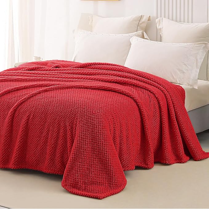 Whale Flotilla Queen Size Fuzzy Fleece Blanket for Bed, 90x90 Inch Fluffy Warm Soft Jacquard Blankets for All Season, Lightweight and Cozy, Red
