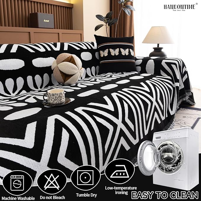 HANDONTIME Boho Couch Cover Blanket Geometric Striped Pet Covers for Couches and Sofas Black and White Dog Cover for Couch Pet Friendly Chenille Sectional Sofa Covers for Pets Washable, 71" X 150"