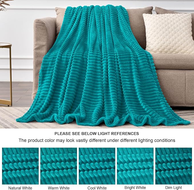 BEDELITE Fleece Blanket Queen Size – 3D Ribbed Jacquard Soft and Warm Decorative Fuzzy Blankets – Cozy, Fluffy, Plush Lightweight Throw Blankets for Couch, Bed, Sofa(Blue, 90x90 inches)