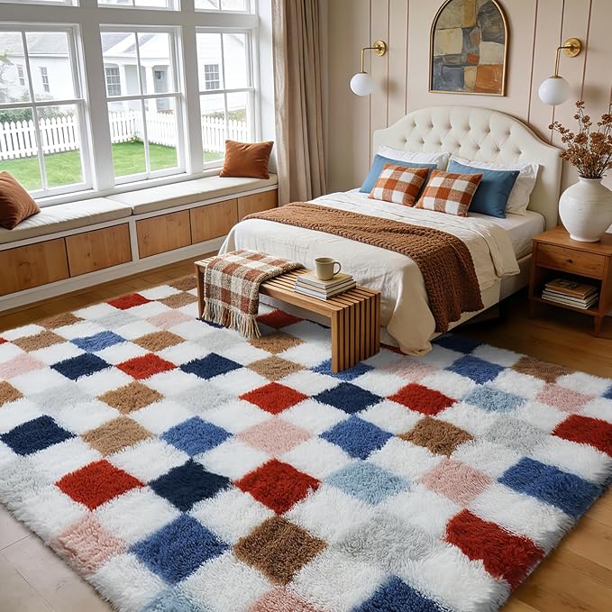 Large Shag Area Rug for Bedroom Living Room,9x12 Fluffy Soft Colorful Checkered Rug Fuzzy Shaggy Bedroom Carpet,Indoor Plush Floor Rugs for Kids Boys Girls Teen Dorm Nursery Home Decor