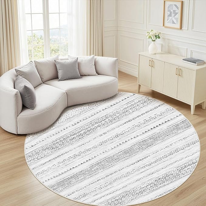 Nakagishi Round Rug Boho Area Rugs: 6x6 Washable Large Circle Neutral Soft Stain Resistant Non-Slip Carpet for Women Aged 25-45 Farmhouse Decor Enthusiasts - Living Room Bedroom Dining Room Nursery
