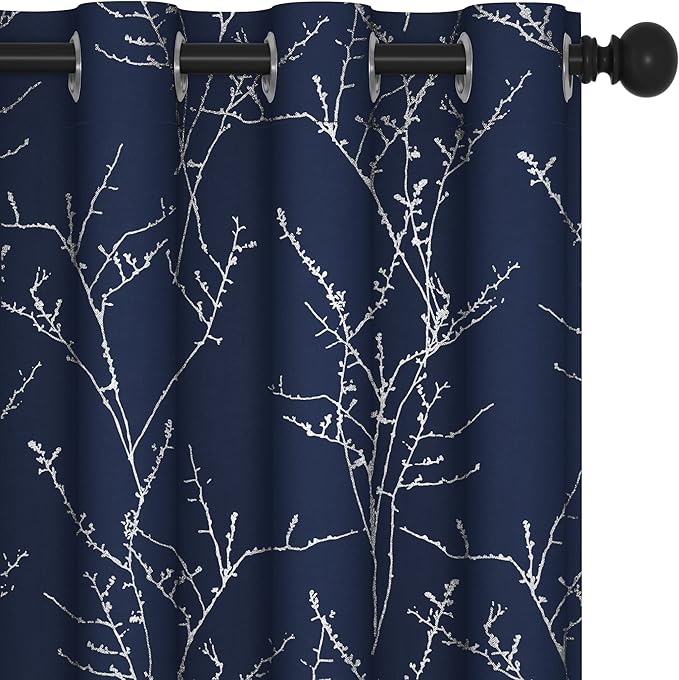 Deconovo Navy Blue Blackout Curtains, Living Room Curtain, Thermal Insulated Soundproof Drapes, Branch Silver Print, 52 x 84 Inch Long, Grommet Panels for Bedroom Office Nursery Home Decor, Set of 2