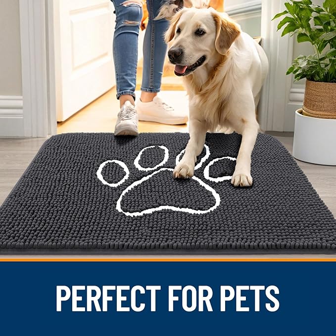 OLANLY Dog Door Mat for Muddy Paws 47x20, Paw Print Design, Absorbs Moisture and Dirt, Absorbent Non-Slip Washable Doormat, Quick Dry Chenille Mud Mat for Dogs, Entry Indoor Entryway Carpet, Dark Grey