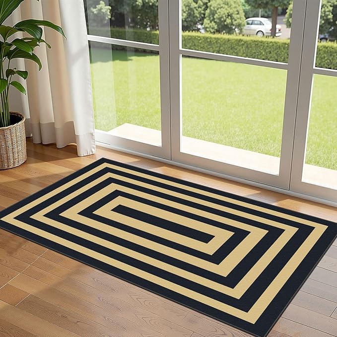Front Door Mat Indoor Entrance - 2x4.3 Ft Modern Washable Layered Doormat Outdoor Entrance Porch Rug Non-Slip Black Tan Geometric Border Runner Rug for Kitchen Bedroom Laundry Room Porch Decor