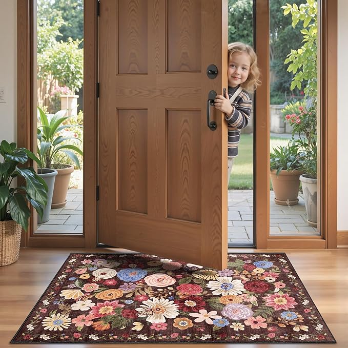 2x5 Entryway Runner Rugs, Non Slip Washable Rugs with Rubber Backing Soft Floral Carpet Runner for Kitchen, Laundry, Bedroom, Bathroom(2 x 5, Black/Brown)