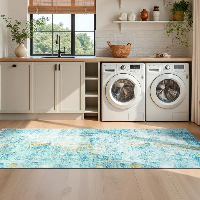 Runner Rug for Kitchen Teal Blue Hallways Runner Rug Non Slip 2'6''x8' Washable Long Runner Rugs with Rubber Backing Soft Abstract Carpet Runner for Entryway, Kitchen, Bedroom, Bathroom
