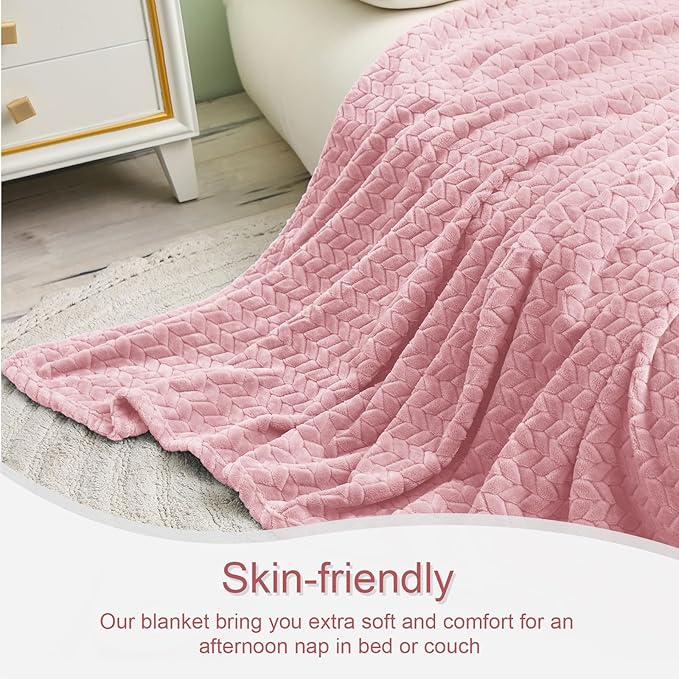 Exclusivo Mezcla Fleece Twin Size Blanket for Bed, 60x80 Inches Soft Cozy Jacquard Flannel Blankets, Lightweight Fuzzy Plush Warm for Women, Pink