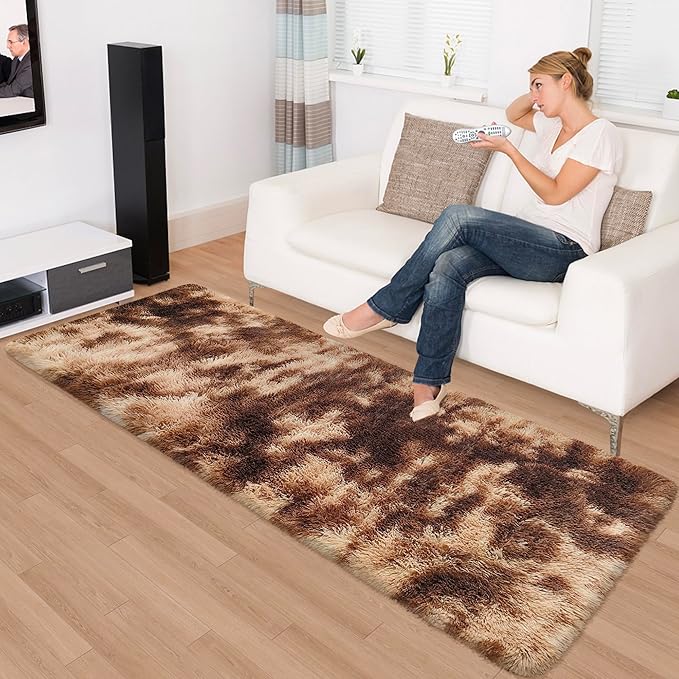 Super Soft Fluffy Living Room Area Rug 2x6 ft Tie-Dyed Brown Shaggy Furry Carpet Washable Non-Slip Floor Rugs Bedroom Bedside Nursery Rug Fuzzy Girls Boy Dorm Home Decor Aesthetic