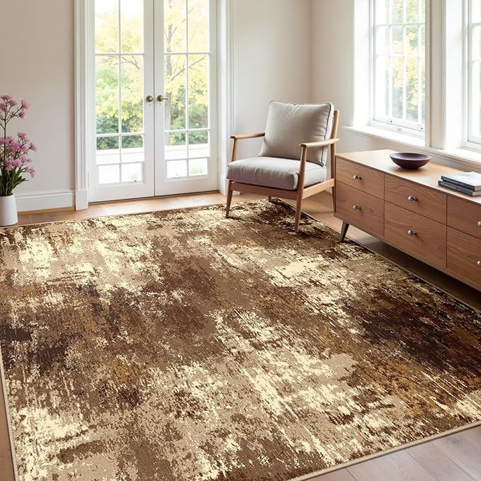 Washable Area Rugs 4'x6' Non-Slip Modern Abstract Soft for Living Room Entryway Bedroom Nursery, Print Pattern, Brown Tan Beige Coffee