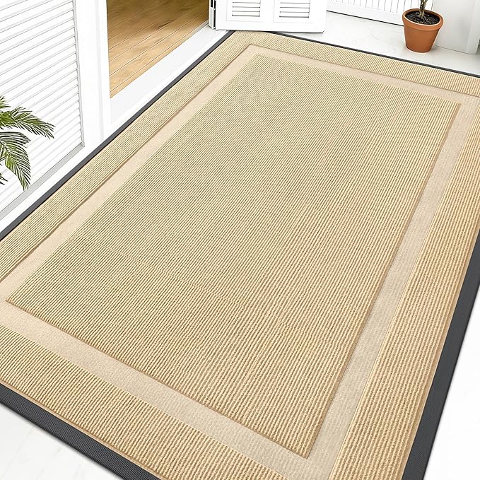 OLANLY Front Door Mat Indoor Outdoor Entrance, Waterproof All-Season, All-Weather Doormat, Sturdy Natural Rubber, Fade Resistant, Low Profile, Easy Clean Patio Porch Entryway Mat, 59x40, Beige