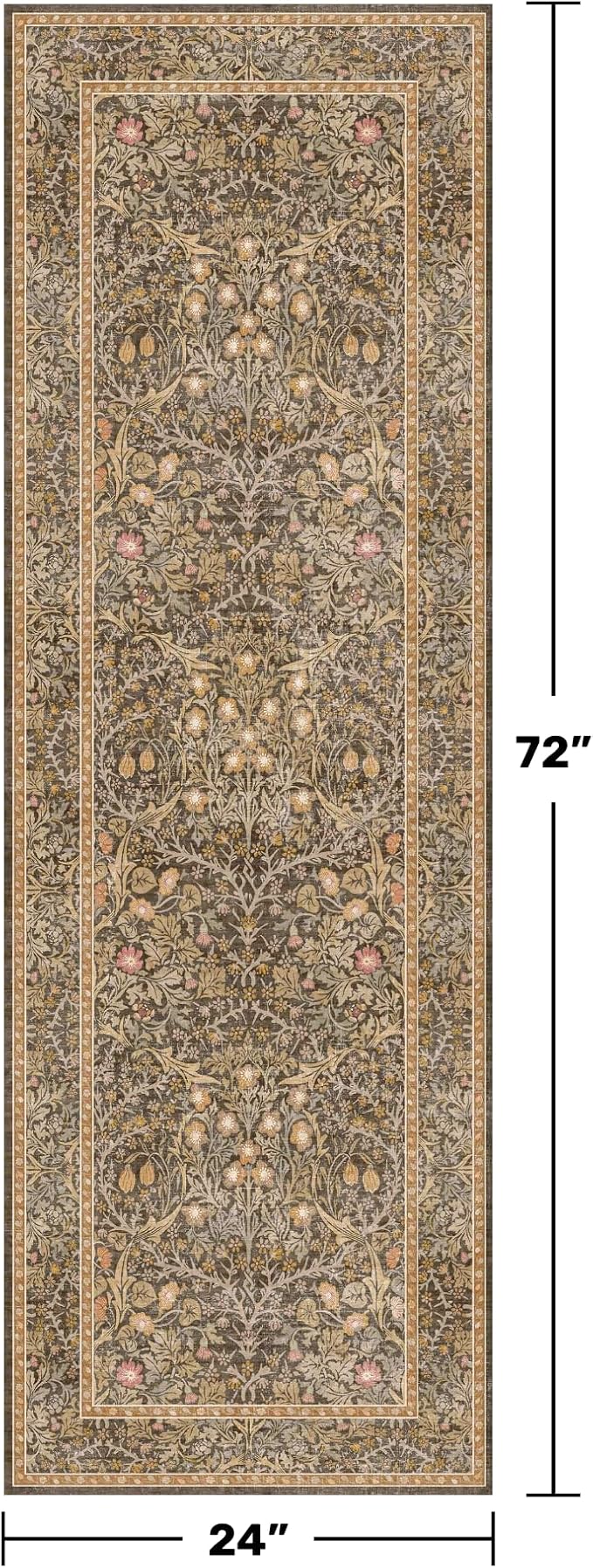 Washable Runner Rug Non Slip 2x6, Gold Brown Runner Rug for Kitchen, Bathroom, Entryway, Hallway, Laundry Room, Bedroom Bedside, Vintage Floral Stain Resistant Soft Low Pile Carpet