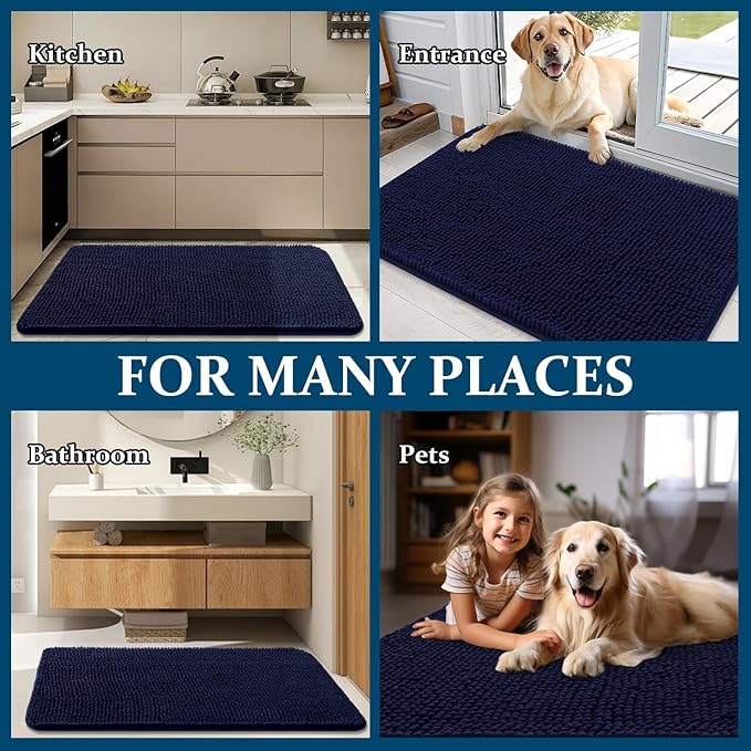 OLANLY Dog Door Mat for Muddy Paws 70x32, Absorbs Moisture and Dirt, Absorbent Non-Slip Washable Doormat, Quick Dry Chenille Mud Mat for Dogs, Entry Indoor Entryway Carpet for Inside Floor, Navy Blue