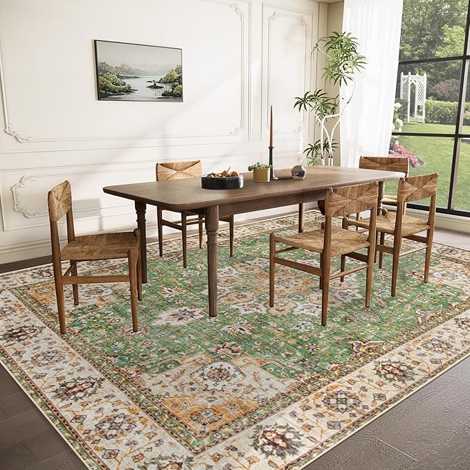 Area Rug 8x10 Washable Rug, Vintage Boho Medallion Rugs Non-Slip Soft Low Pile Large Distressed Rug Indoor Retro Carpet for Living Room Bedroom Dining Room Home Office (Vintage Green, 8'x10')