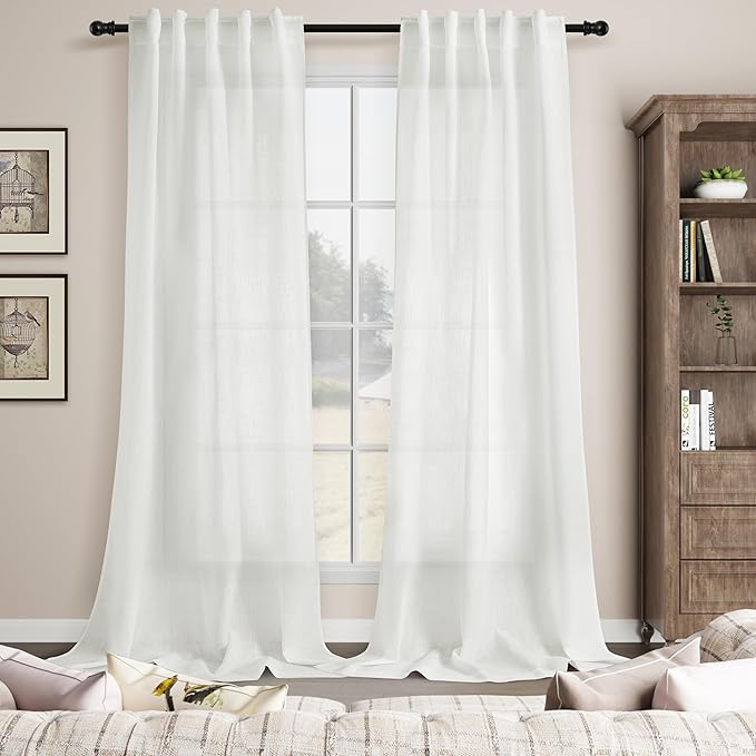 Extra Long Off White Curtain 108 inches Long 2 Panels Set for Living Room Back Tab Modern Farmhouse Coastal Decor Cotton Textured White Sheer Linen Curtains 108 inch Length for Large Window 9 FT