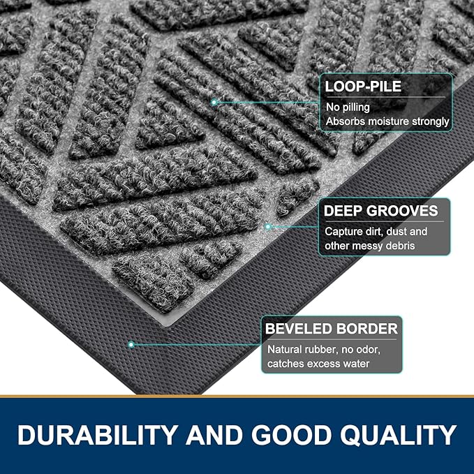 Smiry Front Door Mat Outside Entrance, Heavy Duty Sturdy Natural Rubber Doormat, Trap Dirt and Moisture, Easy Clean Low Profile Mats for Indoor Outdoor Entry, Grid Geometric (47x32, Silver Grey)