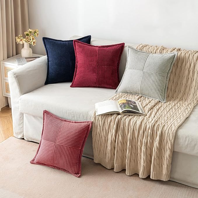 MIULEE Decorative Throw Pillow Covers for Couch Bed Livingroom 18x18 Inch Set of 2 Cranberry Red Boho Accent Throw Pllows Broadside Striped Patchwork Soft Corduroy Pillowcases