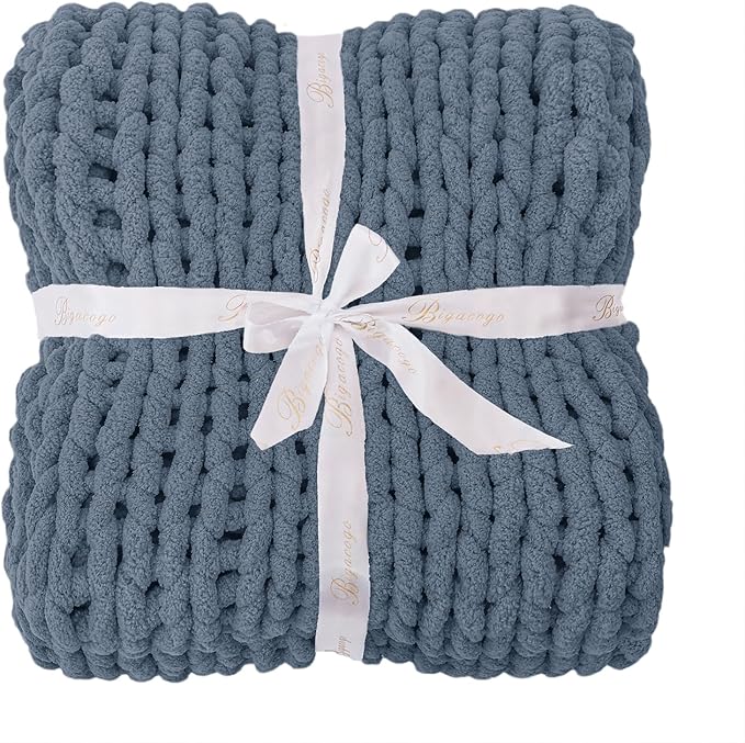 Bigacogo Chunky Knit Throw Blanket for Couch, 40x80 inches, 100% Hand Knitted with Thick Jumbo Chenille Yarn, Cozy Soft Large Rope Knot Cable Crochet Blankets for Sofa Bed Living Room, Cold Sea Blue