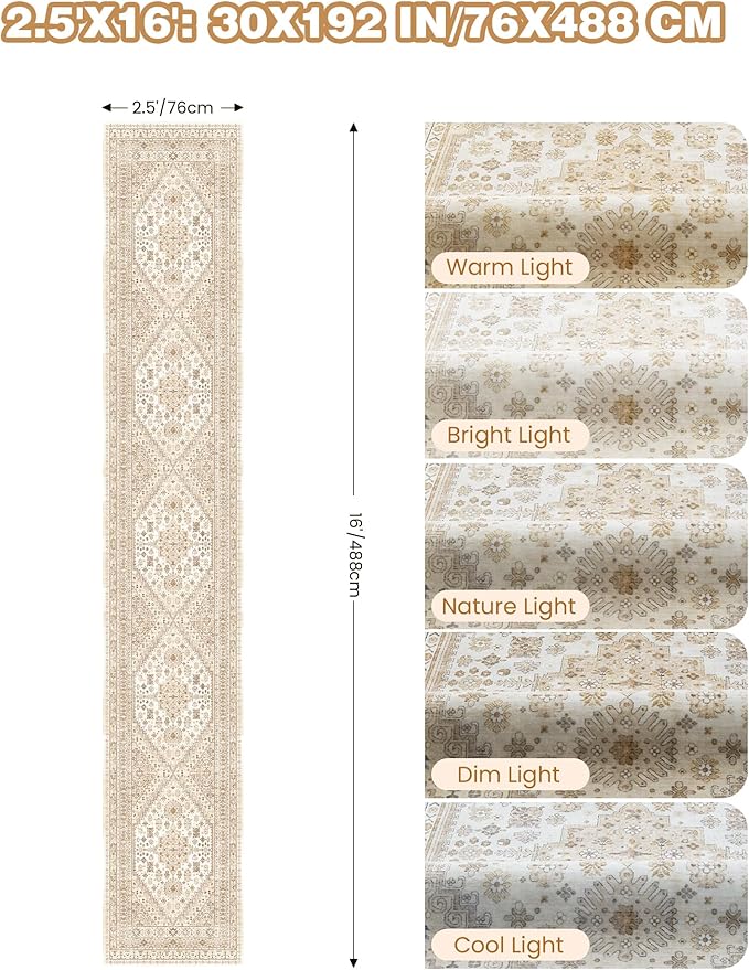 Washable Runner Rug 2.5x16, Non-Slip Long Kitchen Mats for Floor, Vintage Rug for Entryway, Soft Hallway Runner for Dining Room, Bedroom, Living Room(Cream/Beige,2.5'x16')
