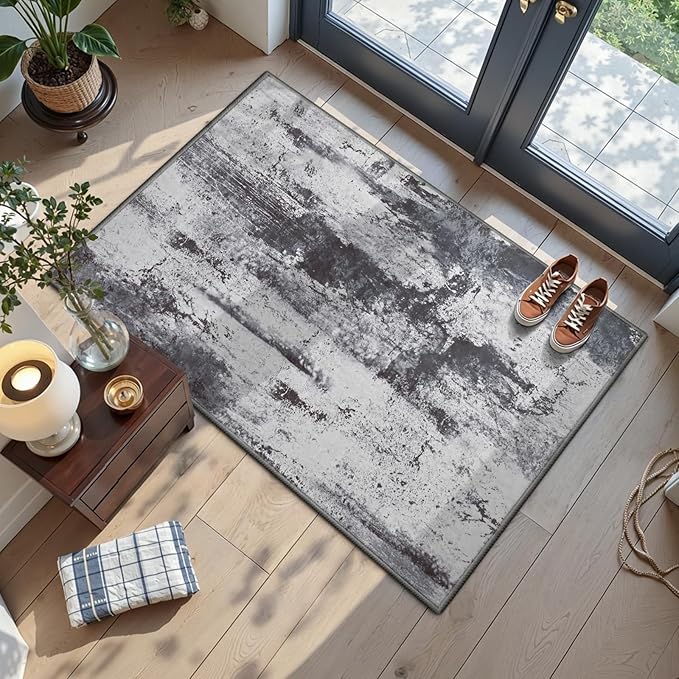 Toneed Entryway Rug 2x3 Door Mat for Indoor Entrance, Washable Small Throw Rug for Kitchen Floor, Front Door, Bedroom Bedside, Non-Slip Low Pile, Abstract Slate Grey