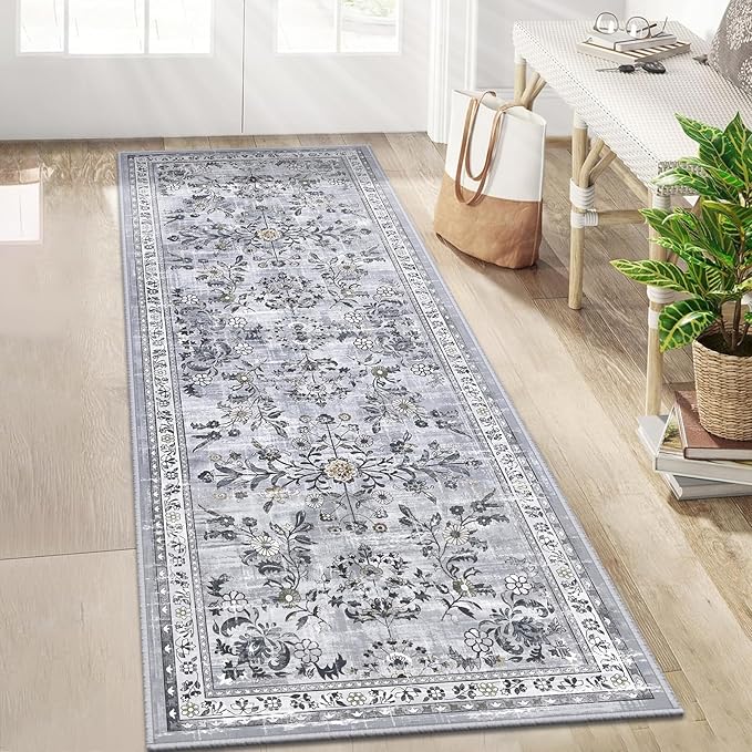 Yamaziot Washable Runner Rug 2x6 – Non Slip Boho Floral Hallway Runner Rug with Rubber Backing, Low Pile Faux Wool Distressed Carpet for Kitchen, Laundry, Bedroom, Entrance, Gray
