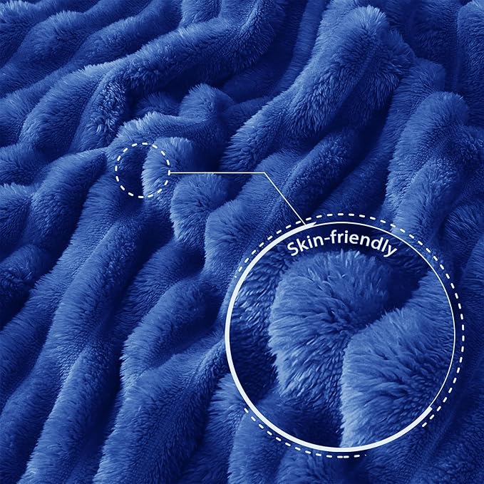 Exclusivo Mezcla King Size Flannel Fleece Blanket, Super Soft Striped Jacquard Bed Blanket, Lightweight Fuzzy Cozy for All Seasons, 90x104 Inches, Cobalt Blue