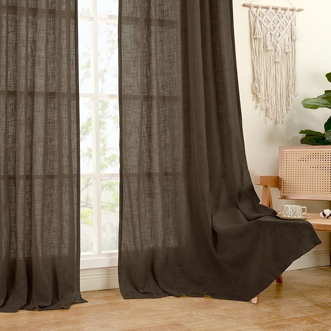 LAMIT Dark Brown Sheer Linen Curtains, 108 inch Light Filtering Semi Sheer Panels Back Tab and Rod Pocket Farmhouse Drapes for Bedroom/Living Room, 2 Panels, 52 x 108 Inch