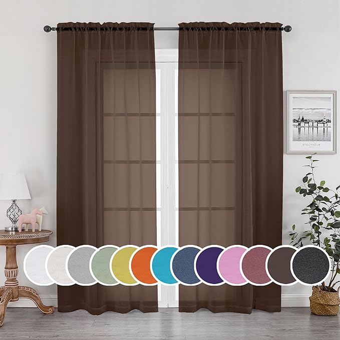 OWENIE Chocolate Sheer Curtains 96 Inch Length, Elegant Sheer Curtains for Bedroom, Window Voile Sheer Curtain Panels/Drapes/Treatment for Living Room, 2Pcs, Each 42" W x 96" L