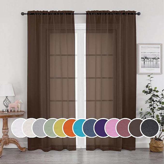 OWENIE Sheer Curtains 63 inch Length 2 Panels Set, Rod Pocket Voile Fimly Sheer Drapes for Living Room/Bedroom, 2pcs, Each 42" W x 63" L, Chocolate