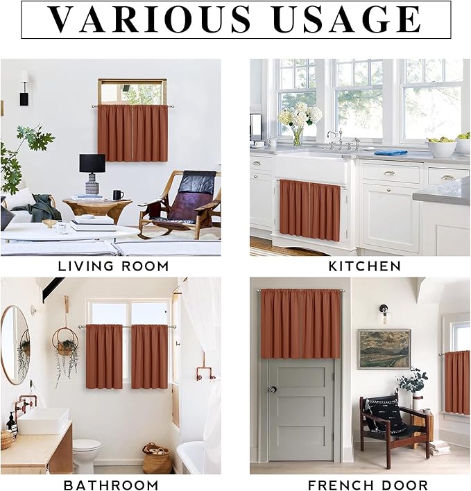RYB HOME Kitchen Blackout Curtains Over Sink 36 inch Length, Rod Pocket Summer Light UV Blocking Energy Efficient, Cabinet Shelf Cupboard Coverings, Width 29 by Length 36, Burnt Orange, 2 Panels