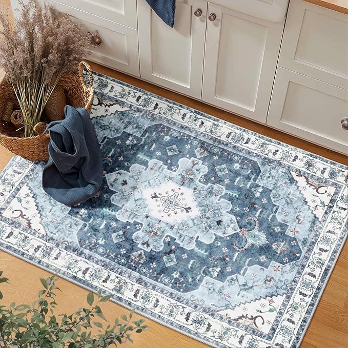 SERISSA Boho Rugs for Entryway, 2x3 Blue Entryway Rug Non-Slip Washable Small Area Rug, Ultra Soft Oriental Vintage Low-Pile Indoor Door Mat Floor Carpet for Entrance Bedroom Kitchen Bathroom