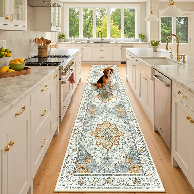 RELEANY Area Rugs 2'x10' Runner Rug Non Slip Washable for Kitchen Hallway Bedroom Beside Laundry Room Bathroom Rug, Floor Carpet, Light Yellow Carbon Grey Orange