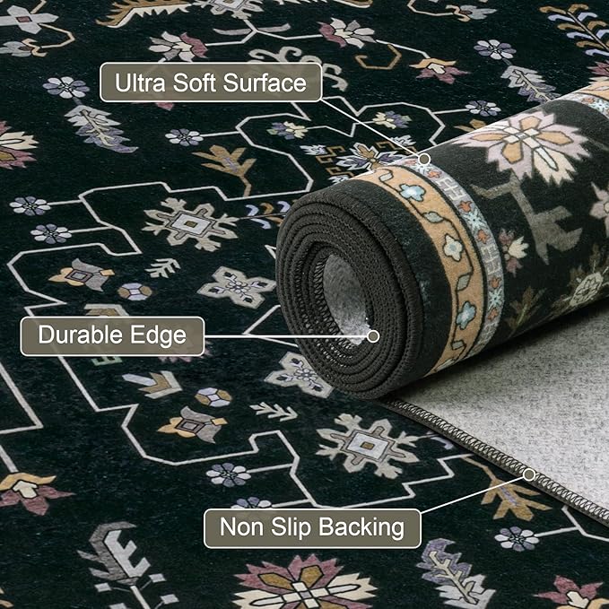 Area Rugs 10x12 Living Room Rug: Washable Rug Soft Vintage Boho Medallion Carpet Indoor Floor Non-Slip Stain Resistant Large Carpets for Bedroom Dining Room Farmhouse Nursery Home Office Black
