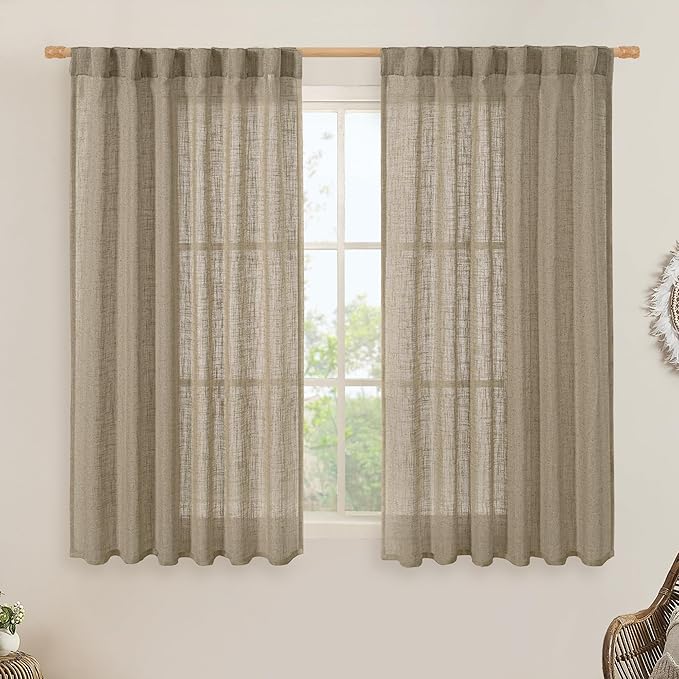 LAMIT Semi Sheer Linen Curtains 45 Inches Long, Light Filtering Panels Back Tab and Rod Pocket Country Decor Drapes for Farmhouse/Window/Bedroom, Taupe, 2 Panels, 52 x 45 Inch