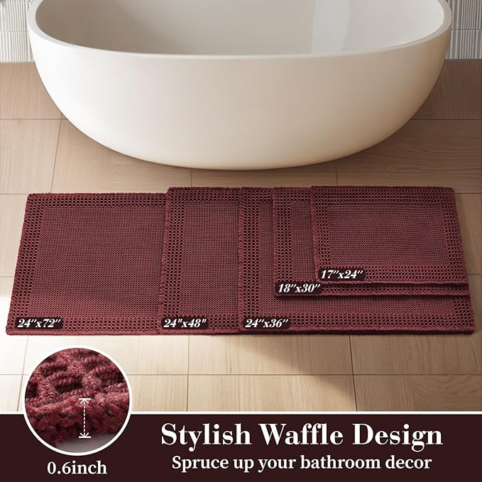 RESARE Waffle Bathroom Runner Rugs, Super Absorbent Bath Mat Non Slip Washable Quick Dry, Upgraded Ultra Soft Boho Bath Rugs with Tassels for Hallway Bedroom Laundry Room, 2'x6'(24"x72") Dark Red