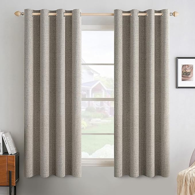 MIULEE Linen Curtains for Bedroom Solid 100% Blackout Thermal Insulated Greige Curtains Grommet Room Darkening Drapes for Living Room Nursery 52x63 Inch (2 Panels)