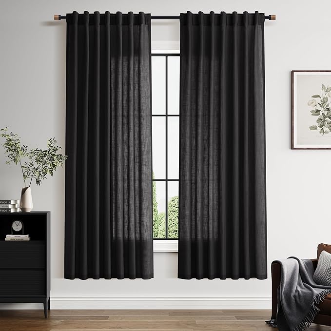 Vintage Black Linen Curtains for Living Room 72 Inches Long Light Filtering Semi Sheer Curtain Back Tab and Rod Pocket Privacy Luxury Gothic Vintage Decor Drapes for Bedroom Office 52x72, 2 Panels