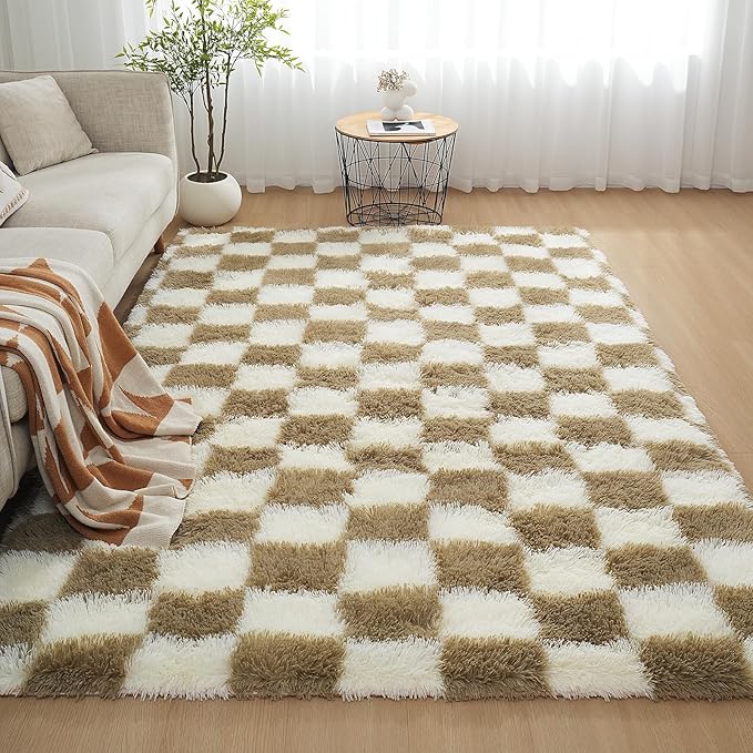 Checkered Area Rugs for Living Room 8x10, Fluffy Beige and White Checkered Rug Fuzzy Shag Shaggy Carpets for Bedroom, Soft Plush Furry Rug for Boy Girls Room Dorm Home Decor