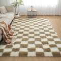 Checkered Area Rugs for Living Room 8x10, Fluffy Beige and White Checkered Rug Fuzzy Shag Shaggy Carpets for Bedroom, Soft Plush Furry Rug for Boy Girls Room Dorm Home Decor
