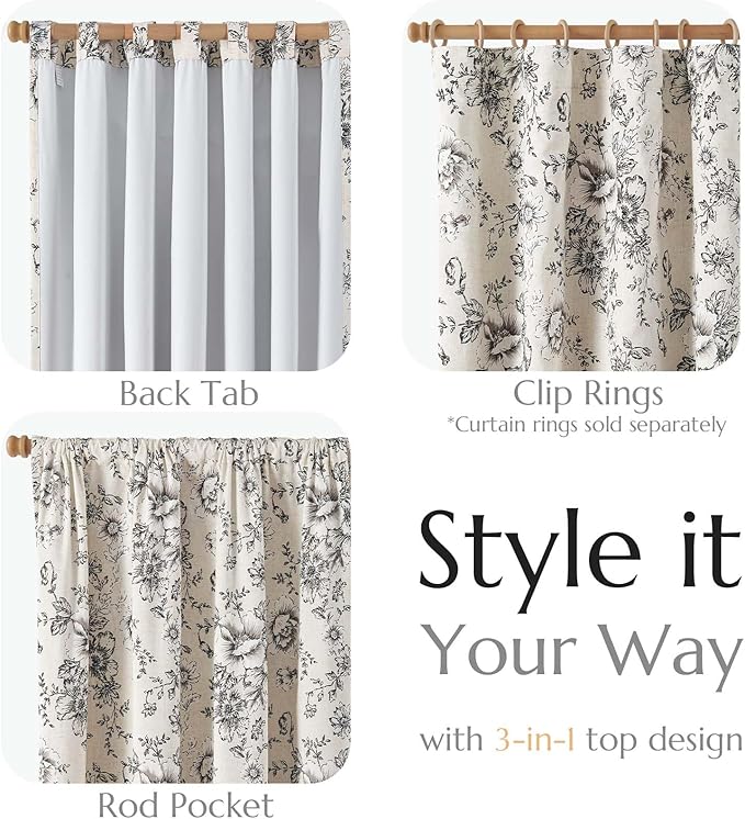 jinchan Blackout Floral Curtains for Living Room Bedroom Linen Blend Curtain Farmhouse Black Printed with Lined Back Tab Rod Pocket Drapes Window Treatments 2 Panels 63 Inch