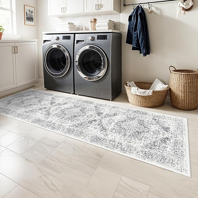 Washable 2'6''x8' Runner Rug - Non-Slip Vintage Runner Rug for Entryway Low-Pile Medallion Long Rugs for Hallway Waterproof Traditional Runner Rugs Indoor Thin Rug for Kitchen (Grey)