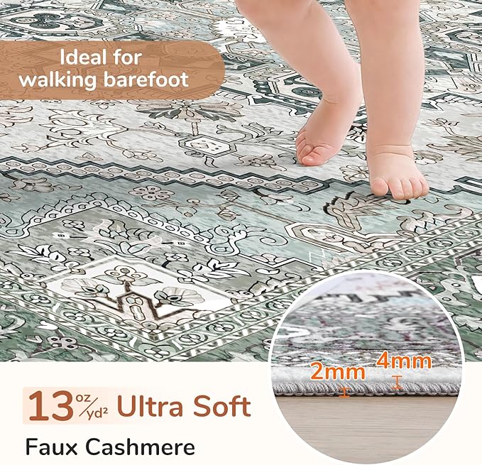 OPPODREAM Soft Area Rugs 4x6, Low-Pile Washable Rugs 4x6 with Non Slip Backing, Faux Cashmere 4 x 6 Throw Carpet, Green