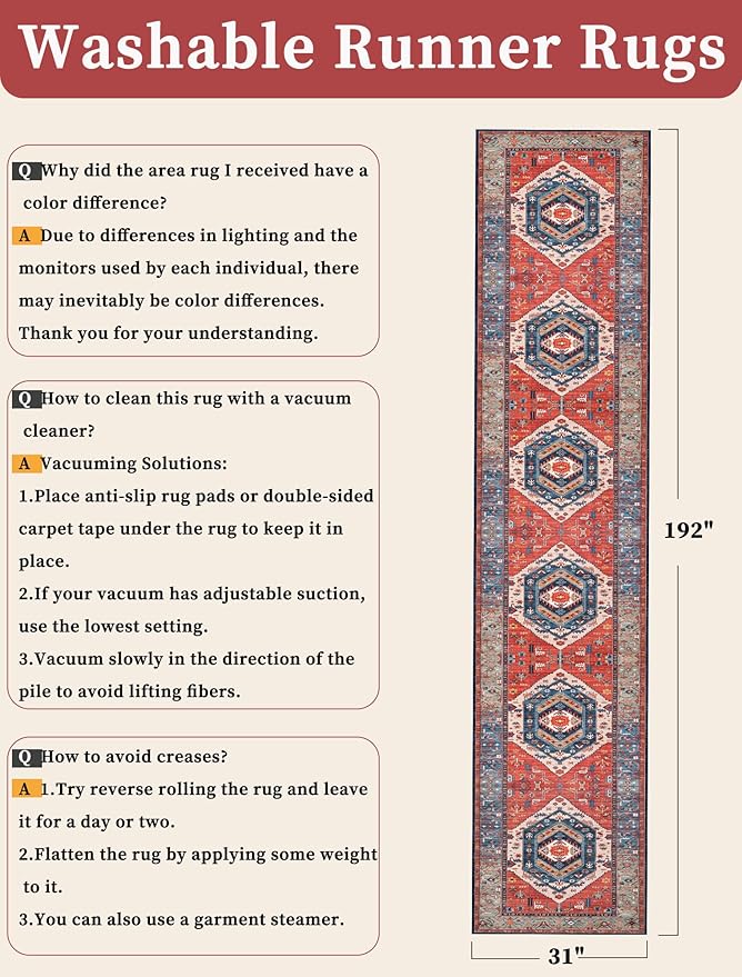 SERISSA Runner Rug for Hallways, 2'6"x16' Washable Non Slip Kitchen Runner Rug, Extra Long Boho Rug Ultra Soft Vintage Rust Print Floor Carpet for Bedroom Hallway Entryway Bathroom Laundry Room