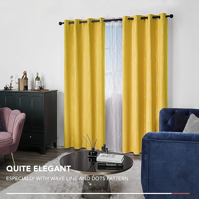 Deconovo Blackout Curtains 108 Inches Long, Yellow Drapes with Wave Dots Foil Print, Thermal Insulated Soundoroof Curtain for Living Room Bedroom, 52 x 108 Inch, Machine Washable Panels, Set of 2