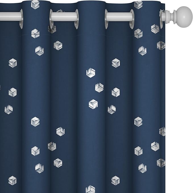 Deconovo Designer Series Silver Print Cubic Print Blackout Curtains for Living Room Bedroom, Thermal Insulated Soundproof Window Drapes, Grommet Top, Navy Blue, 52W x 84L Inch, 2 Panels